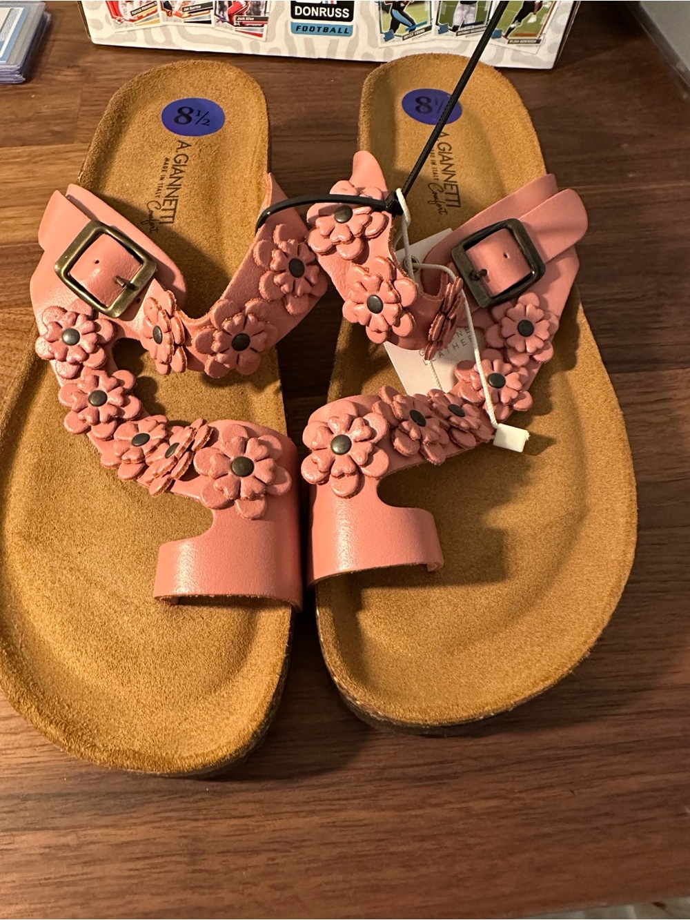 NWT A. Giannetti Floral Sandals Size 8.5 Pink Leather Flower Cork Footbed